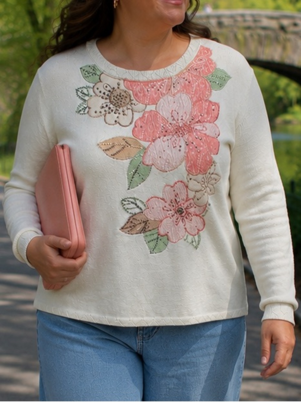 Embroidered Rhinestone Embellished Floral Alfred Dunner Sweater XL Cottagecore